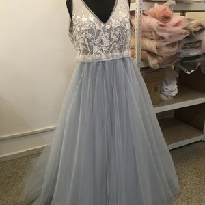 Blue wedding dress with tulle and off-white lace, with train, boho wedding dress, buttons on the back, transparent, 2022 european wedding image 8