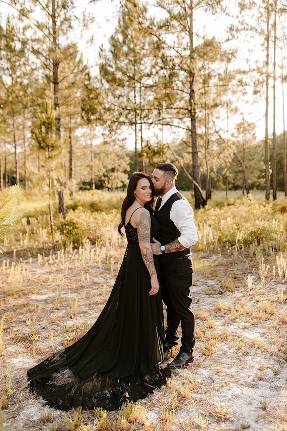 Simple Wedding Dress, Boho Wedding Dress, off White Black Wedding Gown,  Spaghetti Strap Lace, Open Transparent Back LUV-LUV 