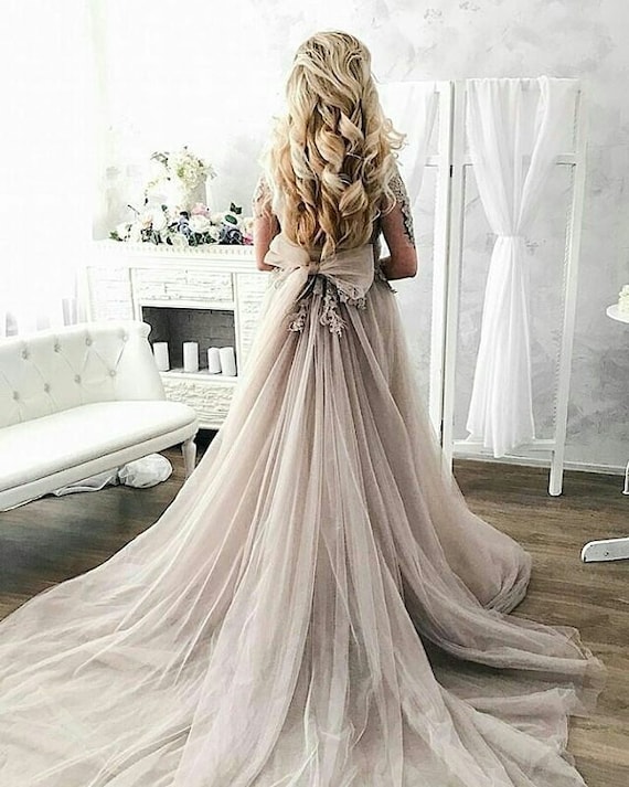 Grey wedding dress sleeves with a beige purple shade tulle gown prom gown lace wedding dress Boho wedding dress LUV LUV
