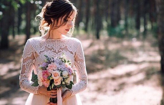 Pink Wedding Dress With Sleeves and Plume Lace Wedding Dress