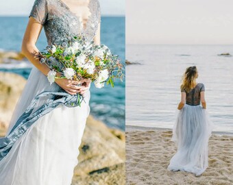 Blue grey wedding dress with tulle and lace, boho wedding dress, with lining, 2022 european wedding teal tint | LUV-LUV