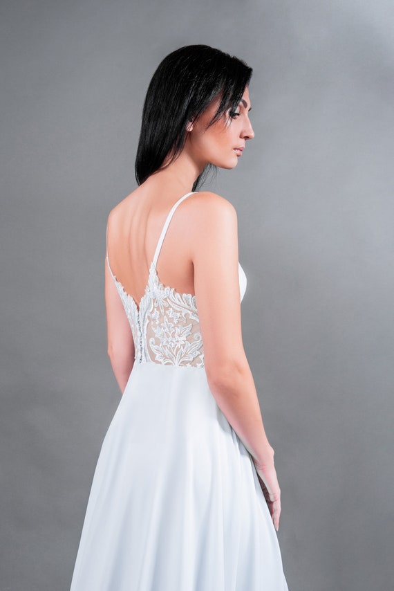 Simple Wedding Dress, Boho Wedding Dress, off White Black Wedding Gown,  Spaghetti Strap Lace, Open Transparent Back LUV-LUV 