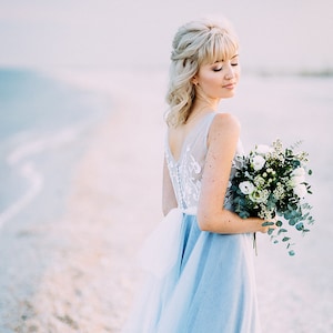 Blue wedding dress with tulle and off-white lace, with train, boho wedding dress, buttons on the back, transparent, 2022 european wedding image 5