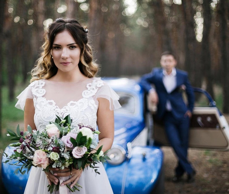 Grey blue wedding dress sleeves with off-white lace, non-corset, simple, Boho wedding dress LUV-LUV image 3