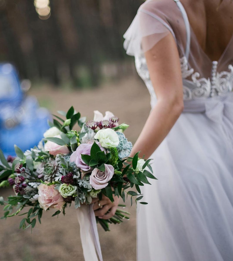 Grey blue wedding dress sleeves with off-white lace, non-corset, simple, Boho wedding dress LUV-LUV image 9