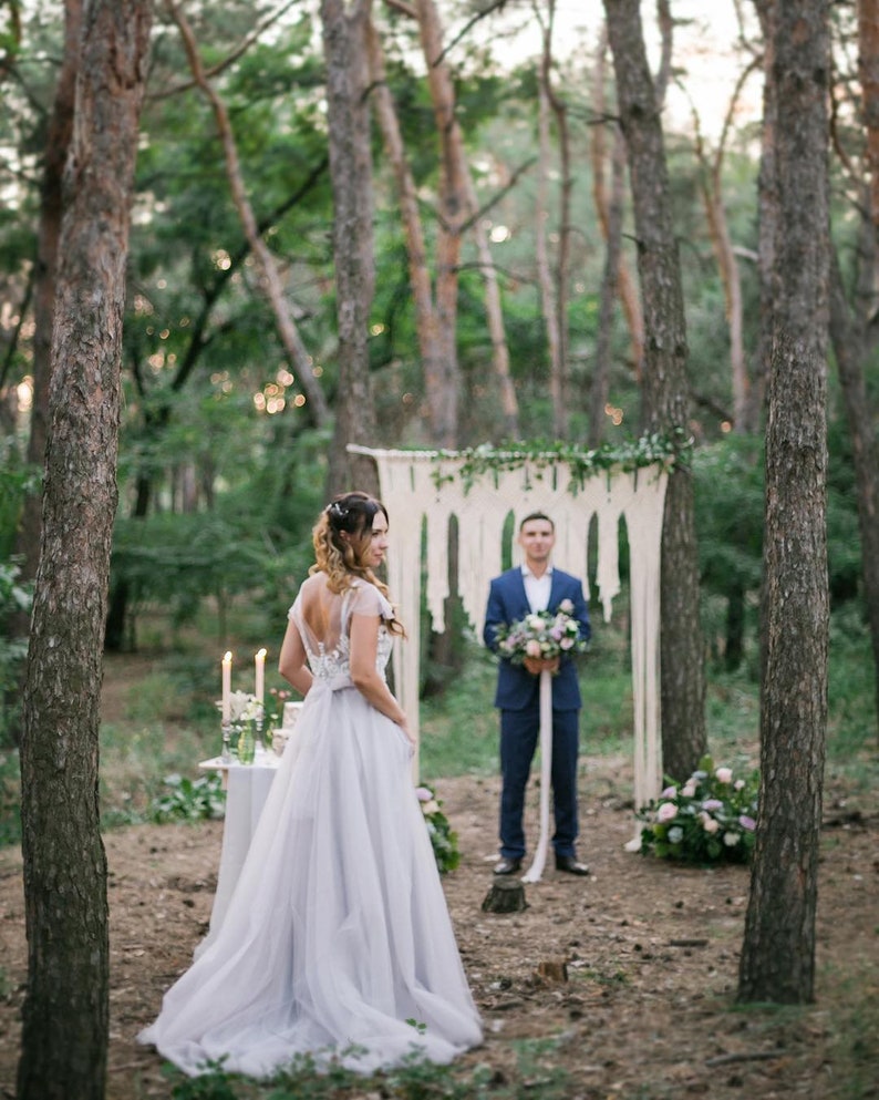 Grey blue wedding dress sleeves with off-white lace, non-corset, simple, Boho wedding dress LUV-LUV image 7