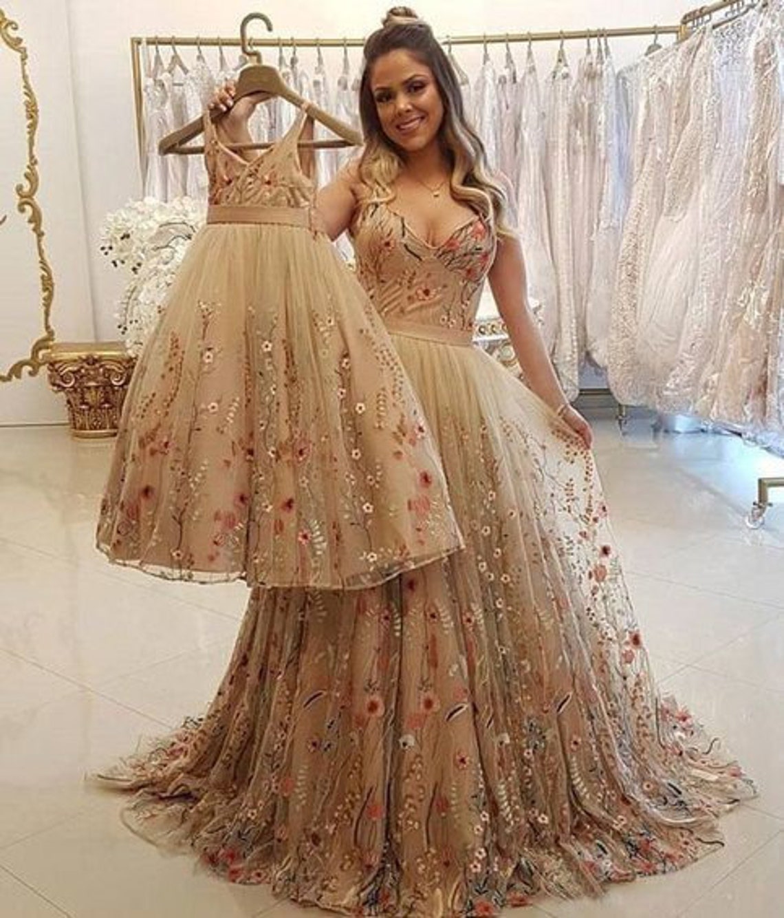 Flower Lace Wedding Dress Floral Dark Ivory or Off-white Tulle, Gray ...