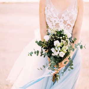 Blue wedding dress with tulle and off-white lace, with train, boho wedding dress, buttons on the back, transparent, 2022 european wedding image 2