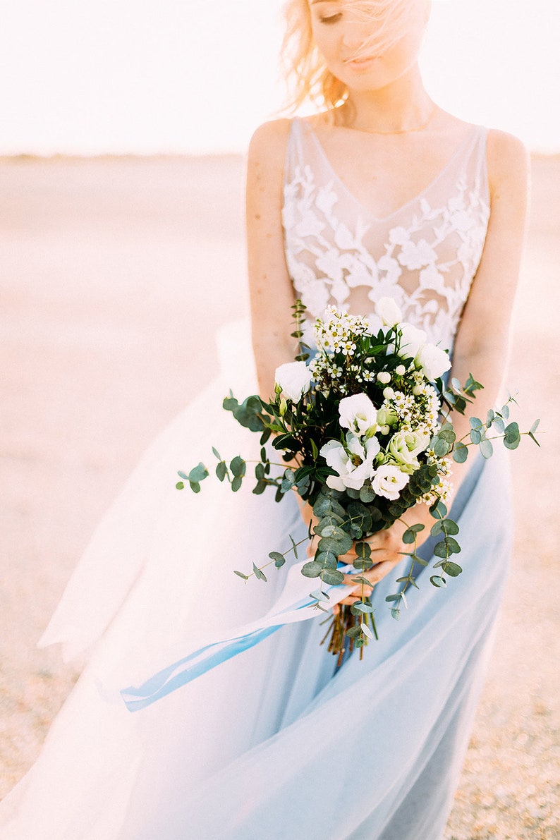 Blue wedding dress with tulle and off-white lace, with train, boho wedding dress, buttons on the back, transparent, 2022 european wedding image 2