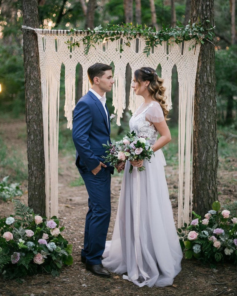 Grey blue wedding dress sleeves with off-white lace, non-corset, simple, Boho wedding dress LUV-LUV image 5