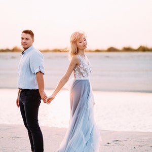 Blue wedding dress with tulle and off-white lace, with train, boho wedding dress, buttons on the back, transparent, 2022 european wedding image 3