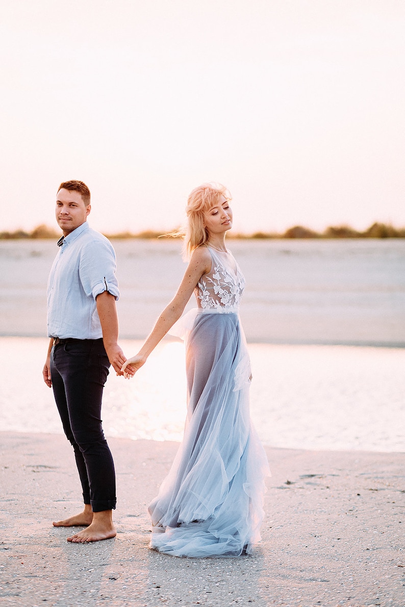 Blue wedding dress with tulle and off-white lace, with train, boho wedding dress, buttons on the back, transparent, 2022 european wedding image 3