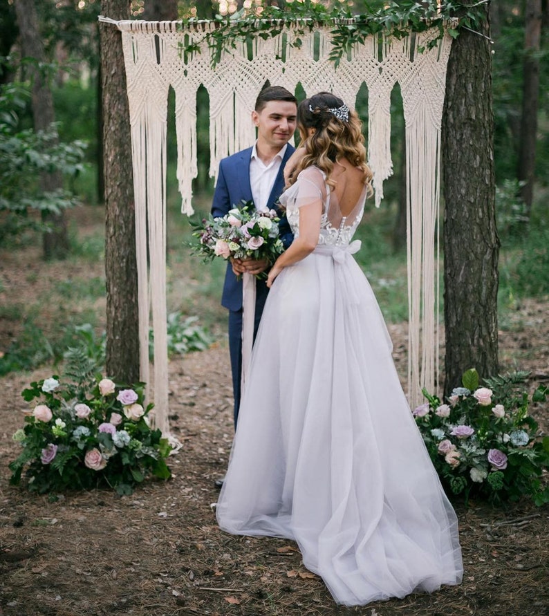 Grey blue wedding dress sleeves with off-white lace, non-corset, simple, Boho wedding dress LUV-LUV image 6