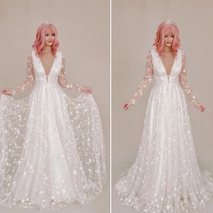 Star celestial simple off white wedding dress with train, boho wedding dress sleeves, reflective sparkles glitter european wedding | LUV-LUV