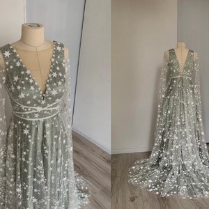 Reflective star celestial simple off white olive-gray wedding dress, boho wedding dress sleeves, sparkles glitter, 2023 european | LUV-LUV