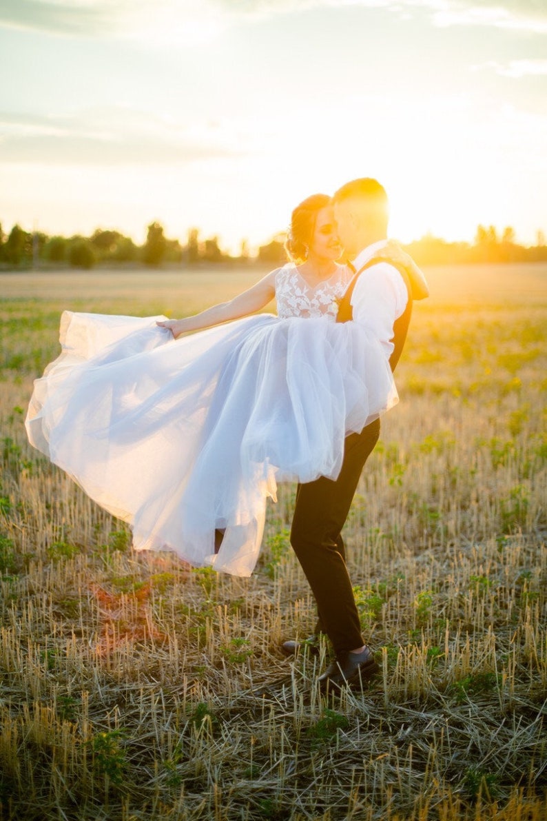 Blue wedding dress with tulle and off-white lace, with train, boho wedding dress, buttons on the back, transparent, 2022 european wedding image 7