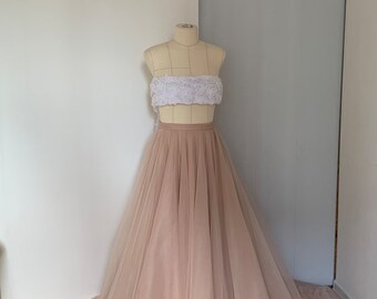 Wedding separate white top and beige-blush skirt with slit| blue,grey,blush,pink,beige,ivory skirt tulle| LUV-LUV