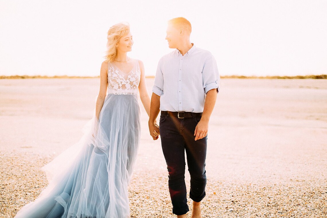 Blue wedding dress with tulle and off-white lace with train image 1