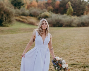 Simple wedding dress, Boho wedding dress, off white or white summer wedding gown, modest modern minimalist crepe A-line open back | LUV-LUV