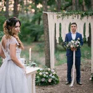 Grey blue wedding dress sleeves with off-white lace, non-corset, simple, Boho wedding dress LUV-LUV image 8