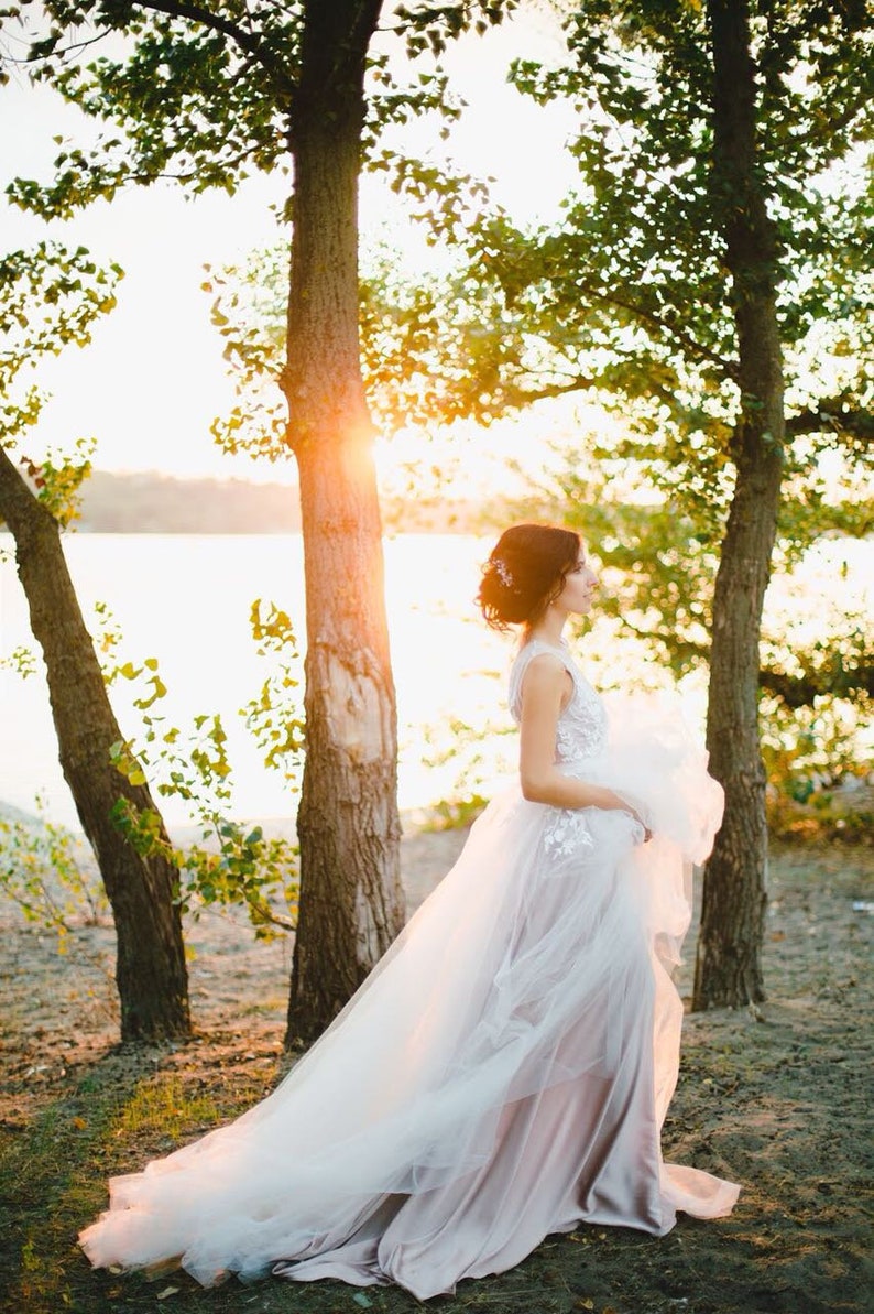 Real Bride Floral lace wedding dress off-white tulle dusty turquoise satin nighty dress, european wedding, Boho wedding dress LUV-LUV image 7