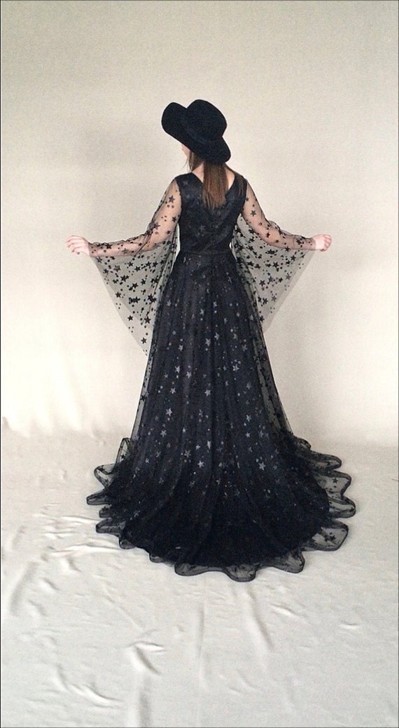 Star celestial simple black wedding dress boho wedding dress long sleeves sparkles glitter tulle A line V neck 2022 european wedding LUV LUV