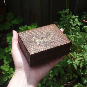 Vintage wood jewelry box, brass inlay box, hinged wooden box, carved wooden box, brass bird box, lidded bird box, wood box