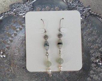 Jade and pearl Earrings, pale jade freshwater pearl earrings,paper bead earrings, jewelry for luck, healing jewelry, 1st anniversary jewelry