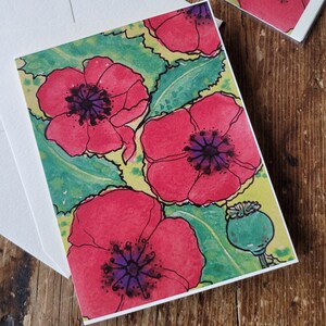Red Poppy Card, Watercolor and Ink Greeting Card, Blank Flower Greeting Card, Poppy flower art, handmade Greeting Card for Hostess Gift