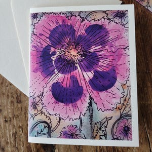 Purple Poppy Card, Watercolor and Ink Greeting Card, Blank Flower Greeting Card, Poppy flower art card, hand painted card