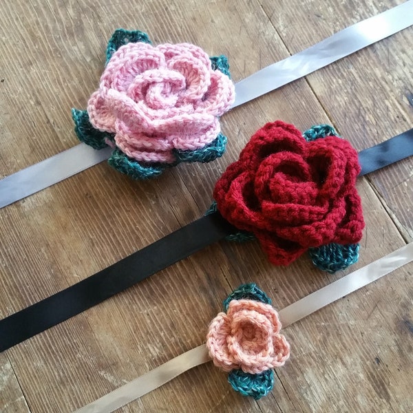 Rose Choker Necklace, Large Rose Charm, Crochet Rose Choker on Satin ribbon, large flower necklace, rose charm, rose headband