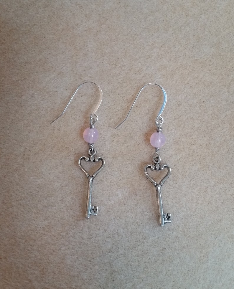 Rose Quartz Crystal Jewelry silver key earrings jewelry for mother or wife or girlfriend Key to my Heart Rose Quartz Silver Earrings