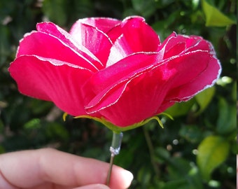 Alfileres de pelo de rosa fucsia individuales, accesorios para el cabello de rosa de seda, rosas para el cabello, barrettes de pelo rosa, rosas fucsias plateadas y rosas fuertes, San Valentín