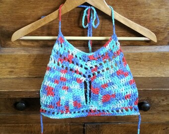 Chenille crochet bra, halter top, rainbow halter bralette, handcrocheted bikini top, boho summer halter top, handmade women's clothes