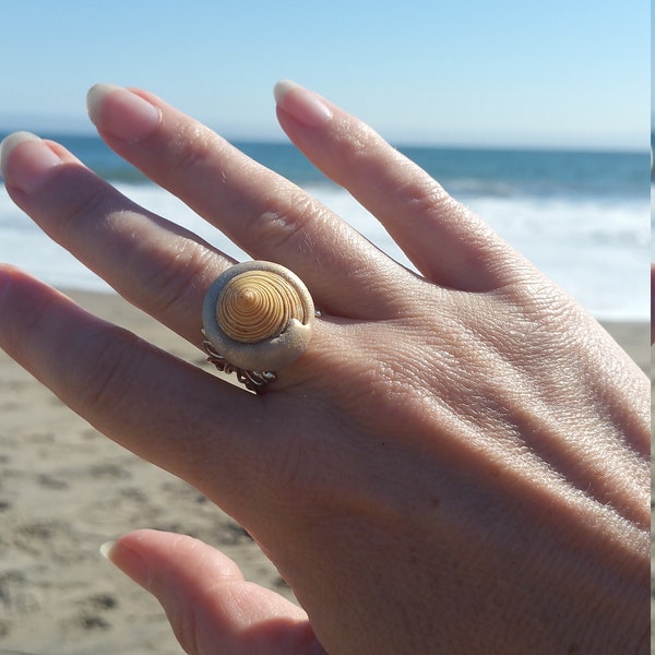 Seashell Ring, shell and clay ring, statement ring, boho beach ring, adjustable silver ring band with filigree