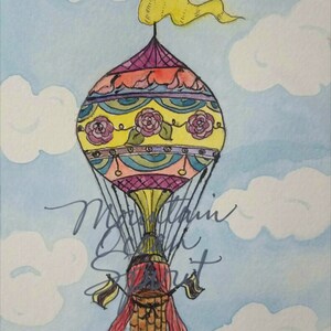 Tinta de balão de ar quente e desenho de pintura em aquarela, belas artes para impressão, download de arte, impressão de arte infantil, arte de berçário, cartão de aniversário, digital