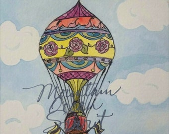 Hot Air Balloon ink and watercolor painting drawing, printable fine art, download art,children's art print,nursery art,birthday card,digital