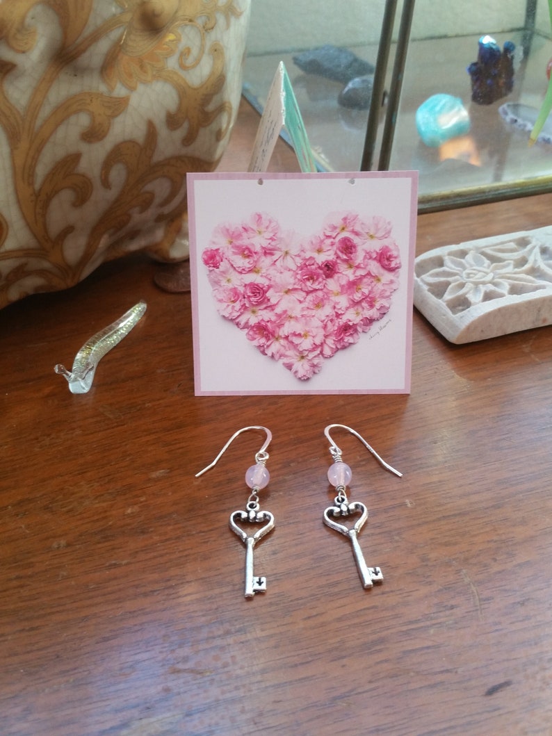 Rose Quartz Crystal Jewelry silver key earrings jewelry for mother or wife or girlfriend Key to my Heart Rose Quartz Silver Earrings