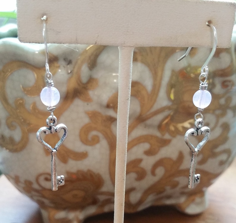 Rose Quartz Crystal Jewelry silver key earrings jewelry for mother or wife or girlfriend Key to my Heart Rose Quartz Silver Earrings
