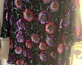 Vintage 80s Silk Beaded Floral Blouse, Plus Size 2X Evening Top
