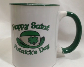 Happy Saint St. Patricks Day Mug Green Derby Shamrock Green Handle