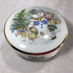 Snowman Frosty Bayreuth Gloria Porcelain Christmas Candy Container Lid Germany