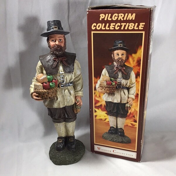 Thanksgiving Feast Man Pilgrim  10" Basket Food Winsor Resin Figurine Box