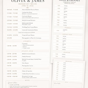 May include: A wedding day timeline template featuring a filled-out example for Olivia and James on June 14, 2026, alongside a blank version. The document includes sections for ceremony, cocktail hour, and reception, with notes and floral accents.