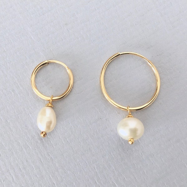 POTATO or DROP PEARL Earring, 14k Gold Filled Creole 12 or 16 mm, Simple Medium Pearl Earrings, Minimalist Dainty Hoops, Gift For Her