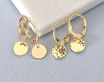 LEVERBACK SMOOTH or HAMMERED Medium Disc Earrings, 14k Gold Filled 12 mm Hoops, Minimalist Coin Earrings, Easy Put In, Dainty Gift For Her