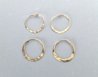 HALF HAMMERED HOOPS, 14k Gold Filled, 15mm or 16mm Hoops, Hand Hammered Texture, Everyday Simple Hoop, Delicate Gift for Her