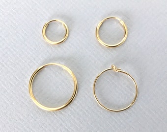 MINIMALISTISCHE CREOLEN, 14k Gold gefüllt, 10/12/15/16 mm Creolen, alltägliche endlose Kreolen, zeitlose schlichte Ohrringe, zierliches Geschenk für Sie