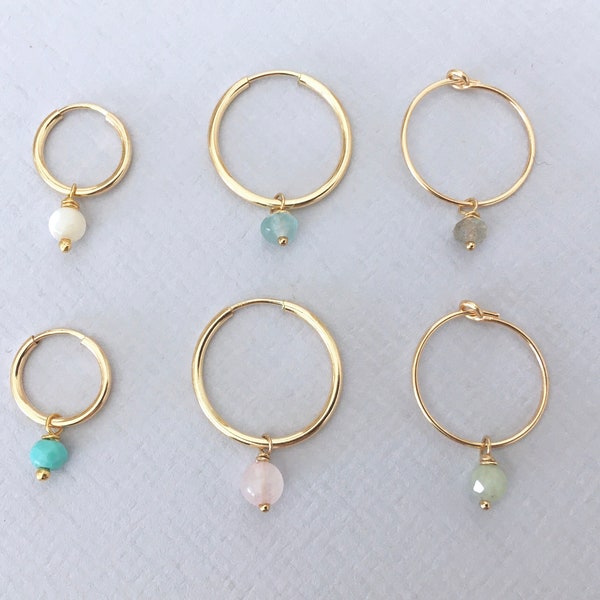 SMALL GEMSTONE MINIMALIST Earrings, 14k Gold Filled 12, 15 or 16 mm Hoops, Everyday Gemstone Creoles, Simple Cute Hoops, Dainty Gift For Her