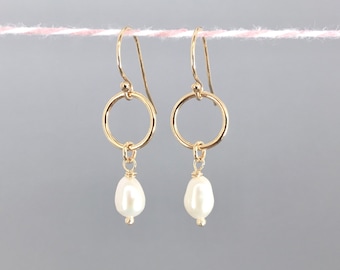 DROP PEARL CIRCLE Earrings, 14k Gold Filled Minimalist Earrings, Gold Filled Pearl Earrings, French Hook Dainty Earrings, Luxury Gift for Her